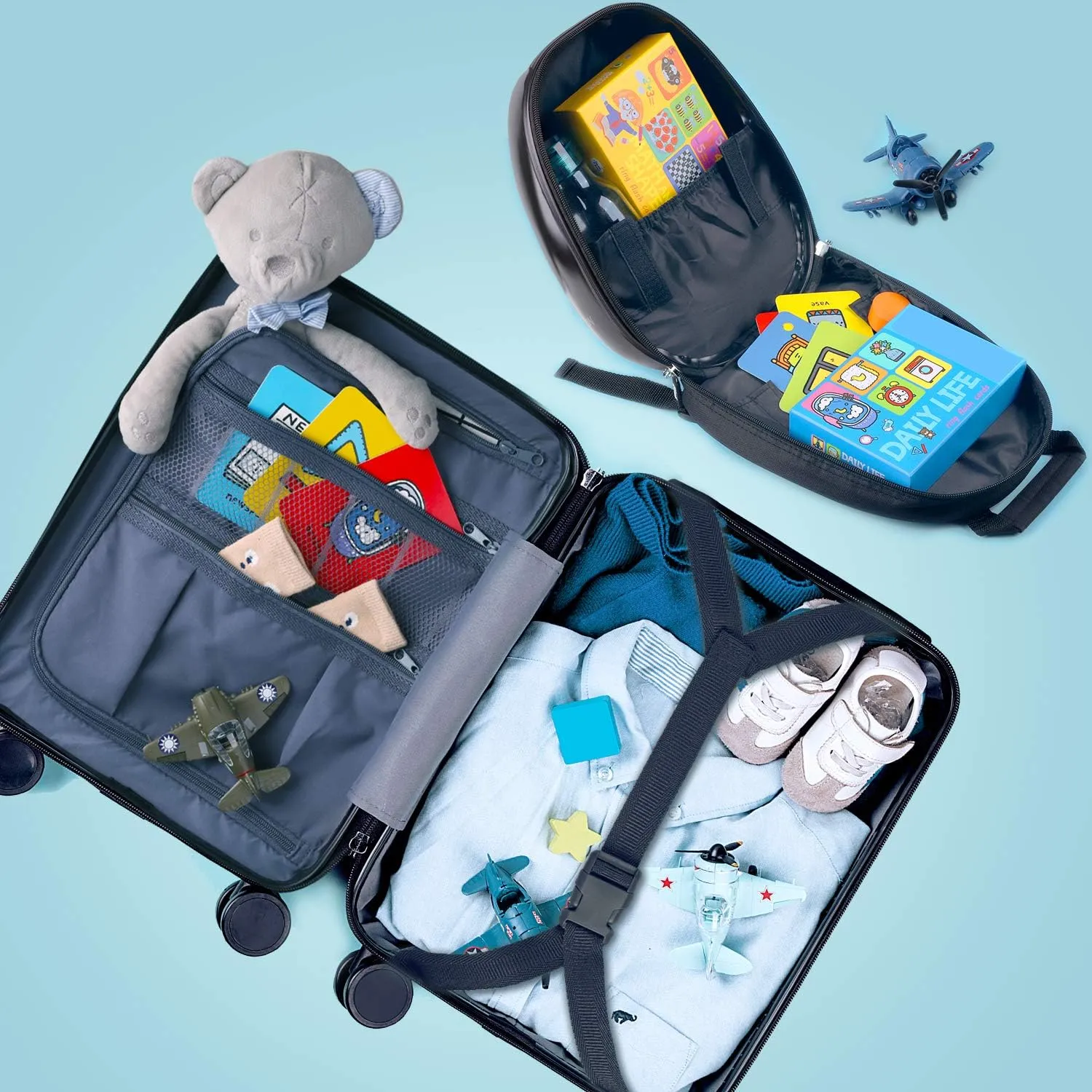 iPlay, iLearn Dinosaur Kids Luggage, Boy Carry on Suitcase, 18" Hardside Travel Luggage Set W/Backpack, Toddler Rolling Luggage W/ 4 Spinner Wheels, Children Holiday Birthday Gift