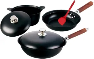 Iron Pan Frying Pan Household Cooking Pot Gas Stove Suitable for Non-Stick Pot Set Three-Piece Set (Color : Black Size