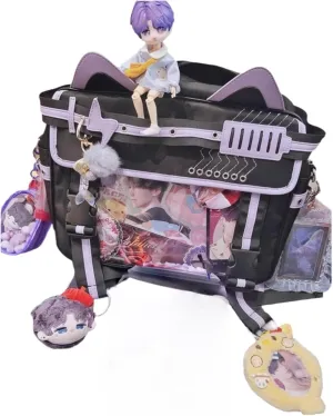 Ita Bag Electronic Cat Cotton Doll Large Capacity Shoulders (Black × purple)