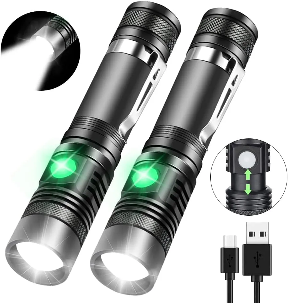 iToncs Rechargeable Flashlight, Pocket-Sized Torch with Super Bright High Lumens LED, Water Resistant, Zoomable, LED Tactical Flashlights with Clip, 4 Modes for Camping Hiking and Emergency(2 Pack)