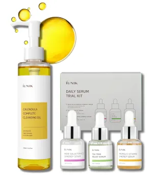 IUNIK Calendula Jojoba Oil Cleanser Gentle Makeup Remover Pore Cleansing Oil & Rose Galactomyces Synergy Serum, Tea Tree Relief Serum, Propolis Vitamin Synergy Serum Trial Travel Kit Korean Skincare