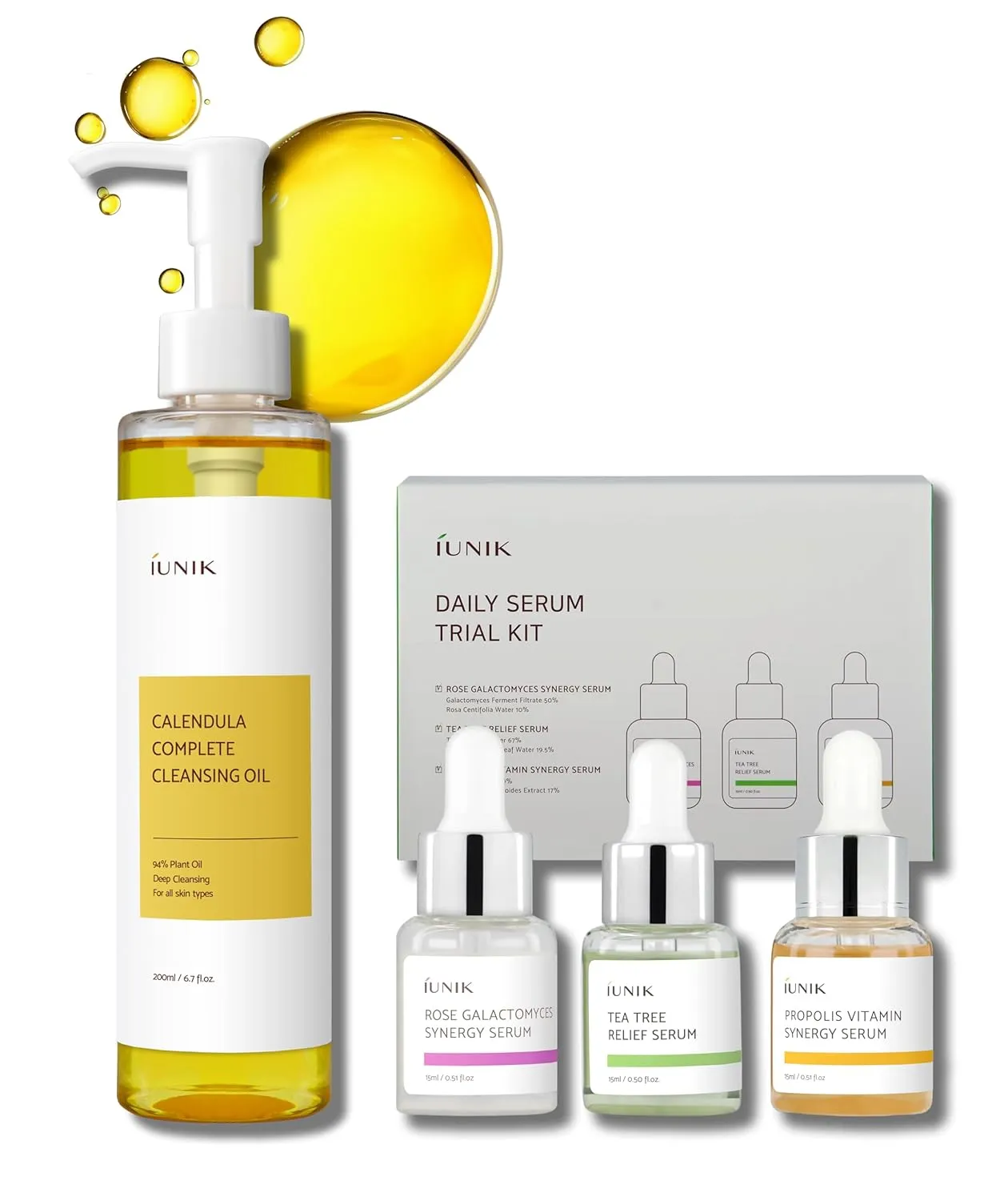IUNIK Calendula Jojoba Oil Cleanser Gentle Makeup Remover Pore Cleansing Oil & Rose Galactomyces Synergy Serum, Tea Tree Relief Serum, Propolis Vitamin Synergy Serum Trial Travel Kit Korean Skincare