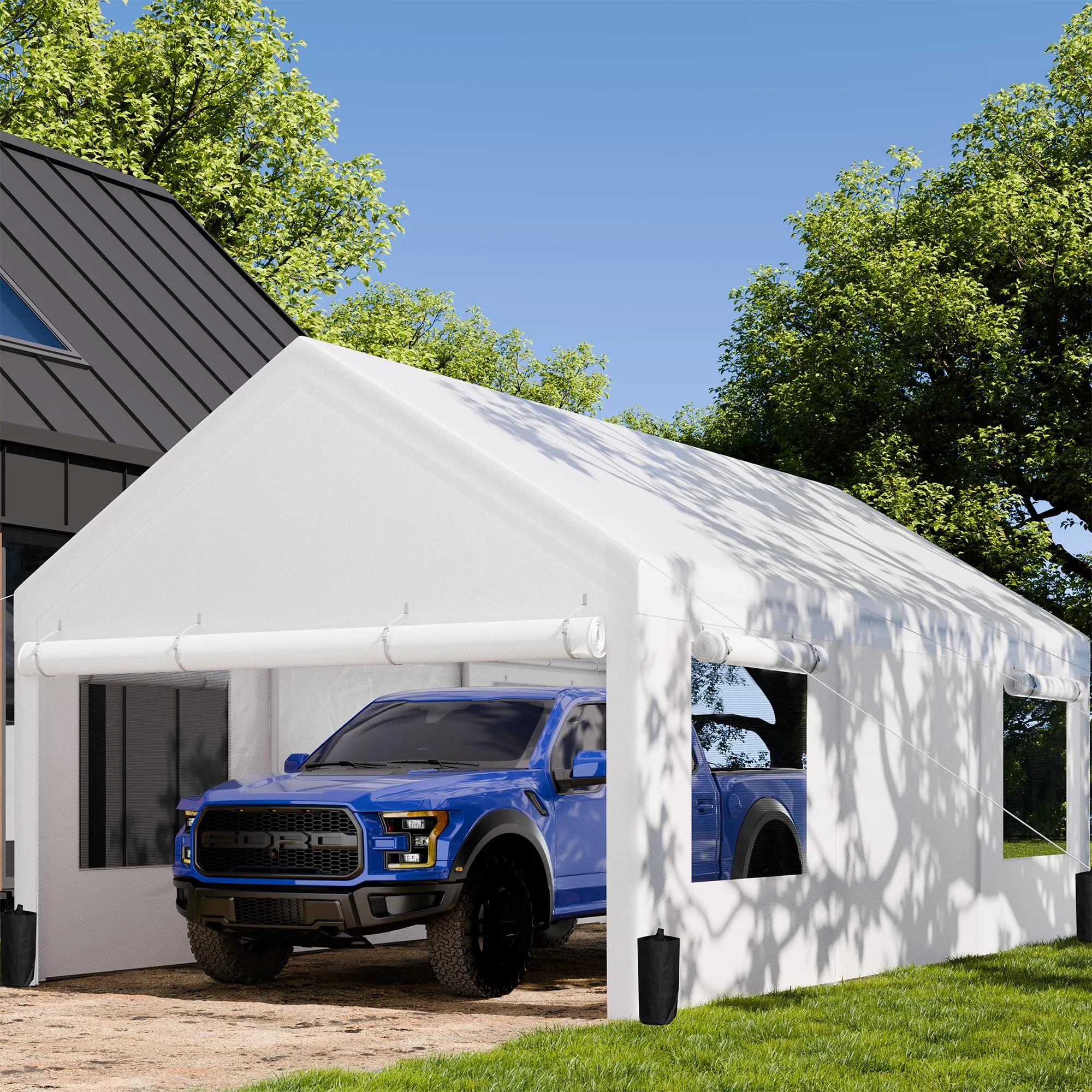 JAMFLY Carport, 12x20 ft Heavy Duty Carport with Roll-up Windows, Portable Garage with Removable Sidewalls & Doors, Car Canopy with Sandbags and All-Season Tarp for Car Boat Truck Motorcycle