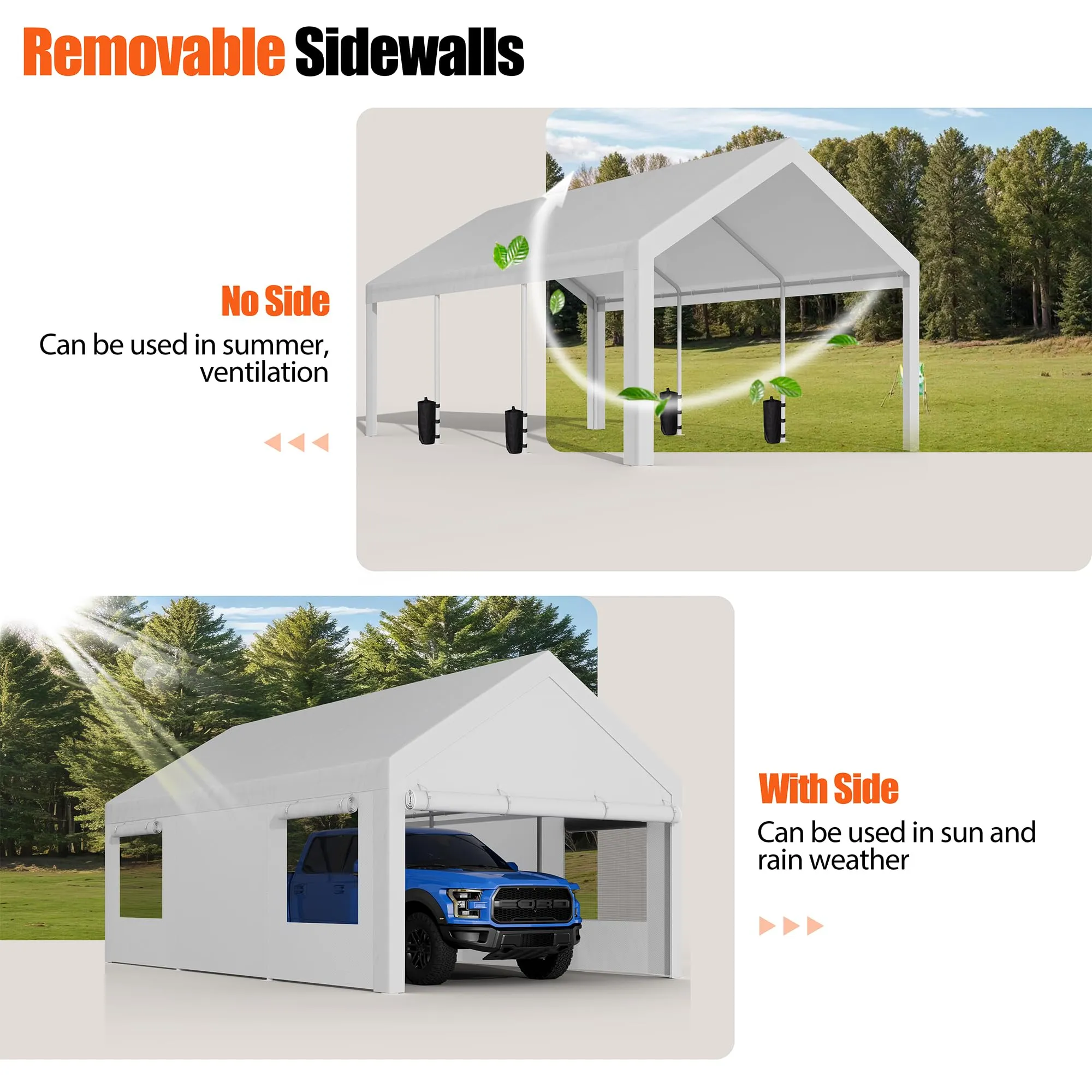 JAMFLY Carport, 12x20 ft Heavy Duty Carport with Roll-up Windows, Portable Garage with Removable Sidewalls & Doors, Car Canopy with Sandbags and All-Season Tarp for Car Boat Truck Motorcycle