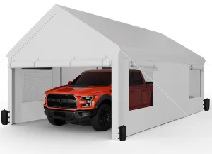 JAMFLY Carport, 12x20 ft Heavy Duty Carport with Roll-up Windows, Portable Garage with Removable Sidewalls & Doors, Car Canopy with Sandbags and All-Season Tarp for Car Boat Truck Motorcycle