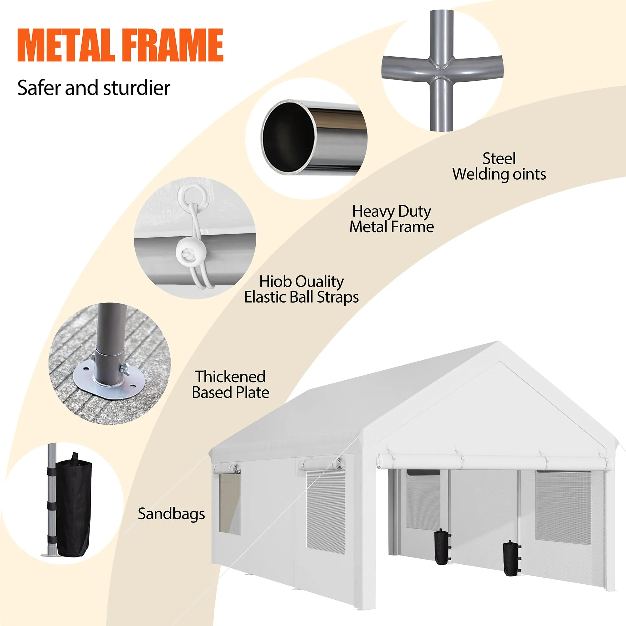 JAMFLY Carport, 12x20 ft Heavy Duty Carport with Roll-up Windows, Portable Garage with Removable Sidewalls & Doors, Car Canopy with Sandbags and All-Season Tarp for Car Boat Truck Motorcycle