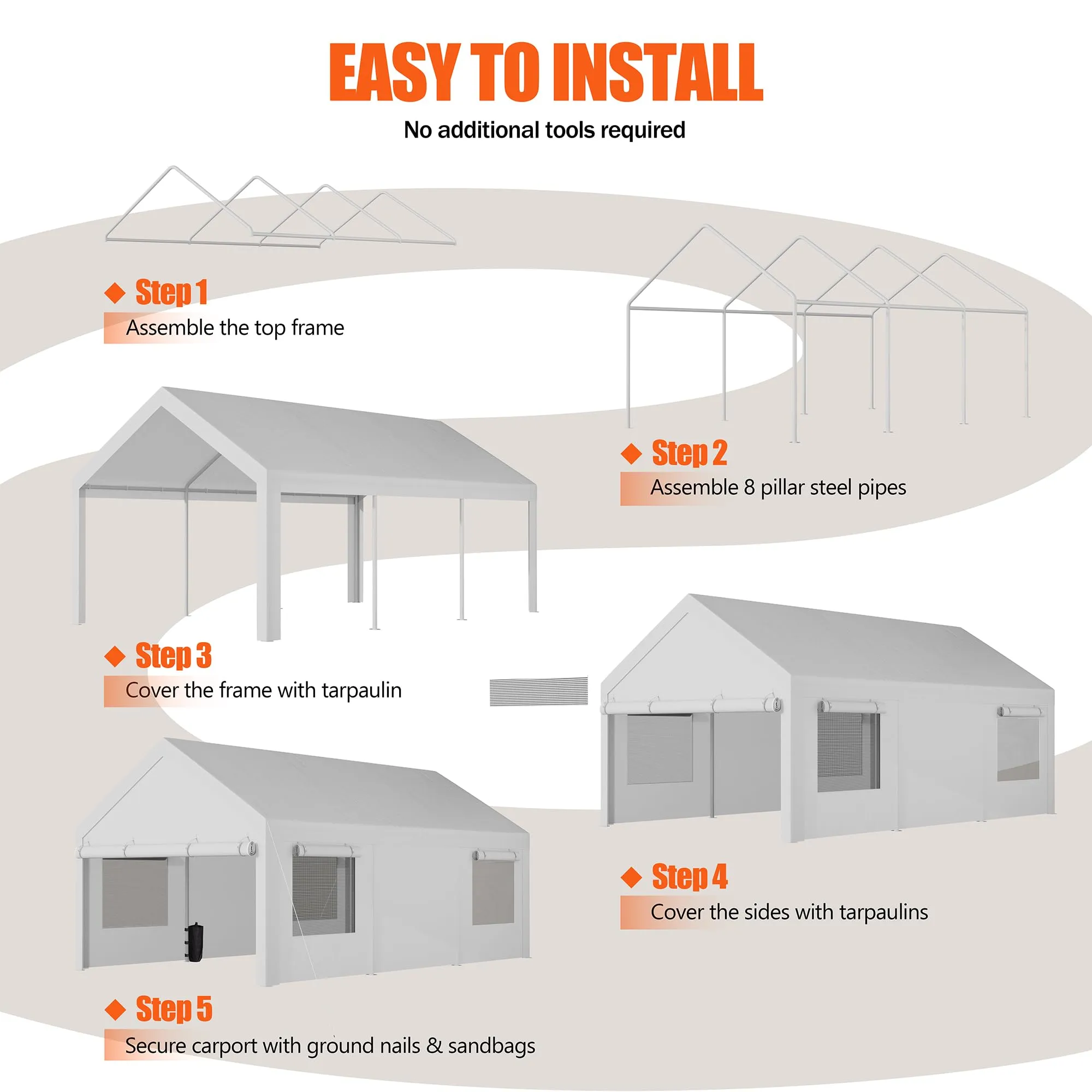 JAMFLY Carport, 12x20 ft Heavy Duty Carport with Roll-up Windows, Portable Garage with Removable Sidewalls & Doors, Car Canopy with Sandbags and All-Season Tarp for Car Boat Truck Motorcycle