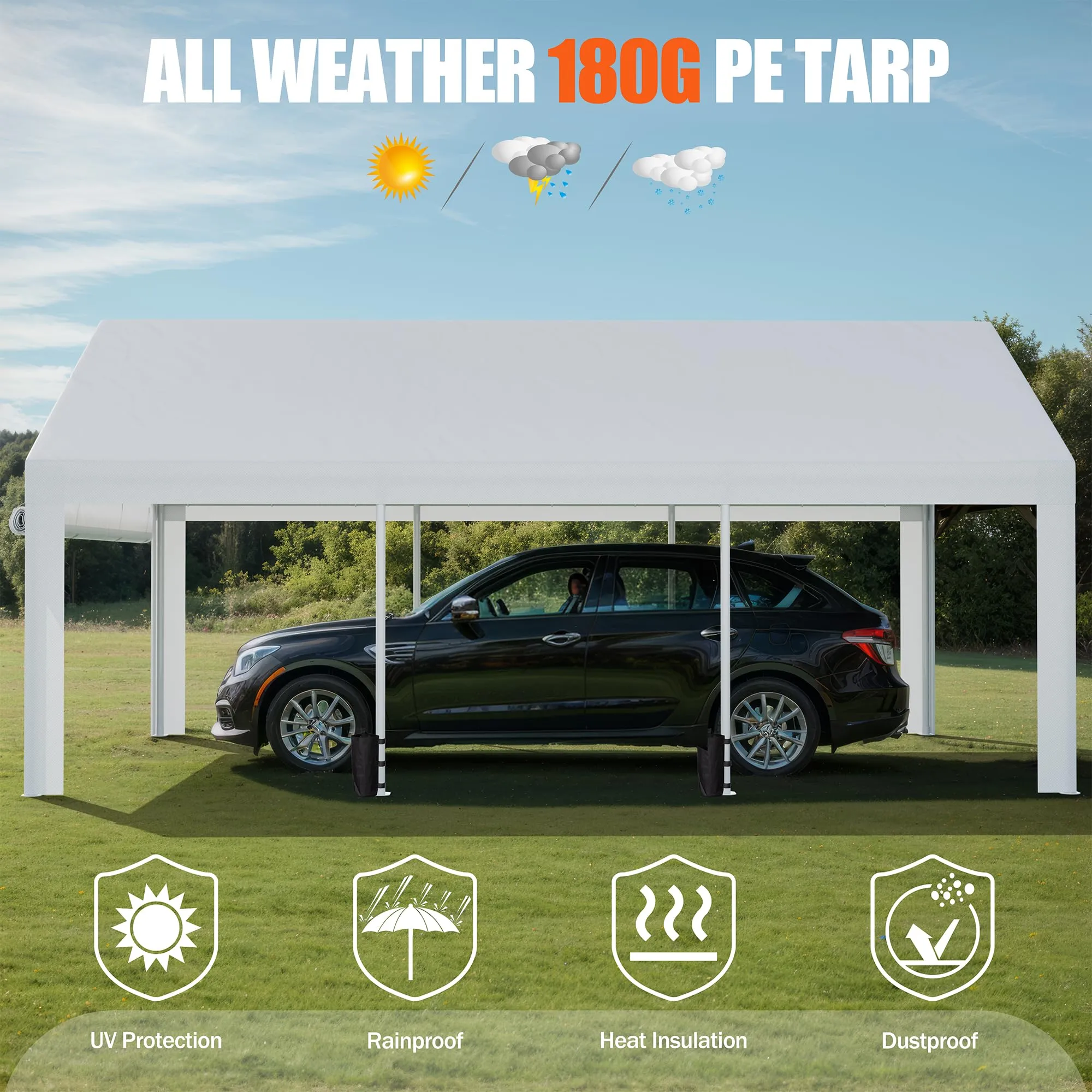 JAMFLY Carport, 12x20 ft Heavy Duty Carport with Roll-up Windows, Portable Garage with Removable Sidewalls & Doors, Car Canopy with Sandbags and All-Season Tarp for Car Boat Truck Motorcycle