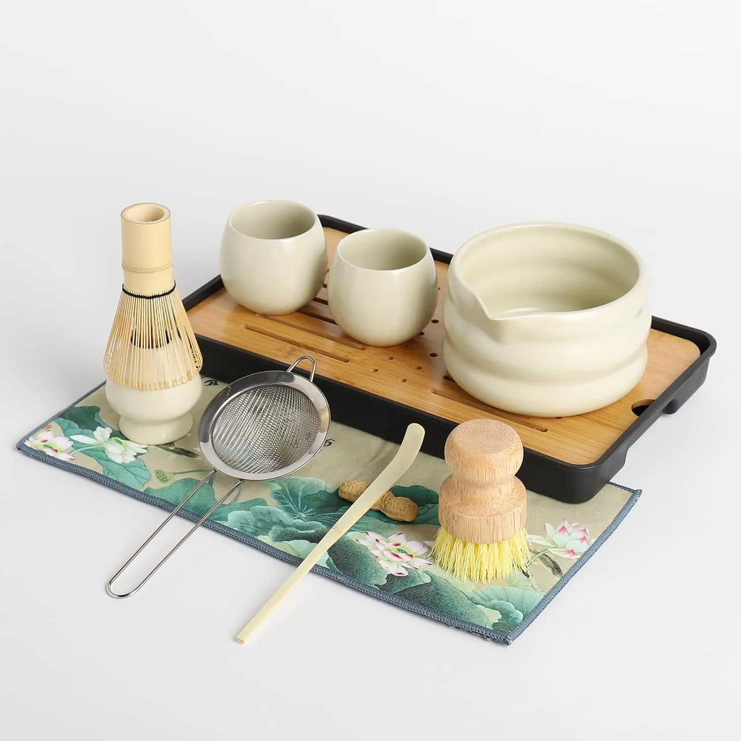 Japanese Matcha Set,12 Pcs Matcha Kit Set,With 2 Cups and 1 Leather Storage Bag,15 OZ,Complete Travel Matcha Tea Set,Perfect Matcha Kit for Matcha Tea Ceremony (qw-beige)