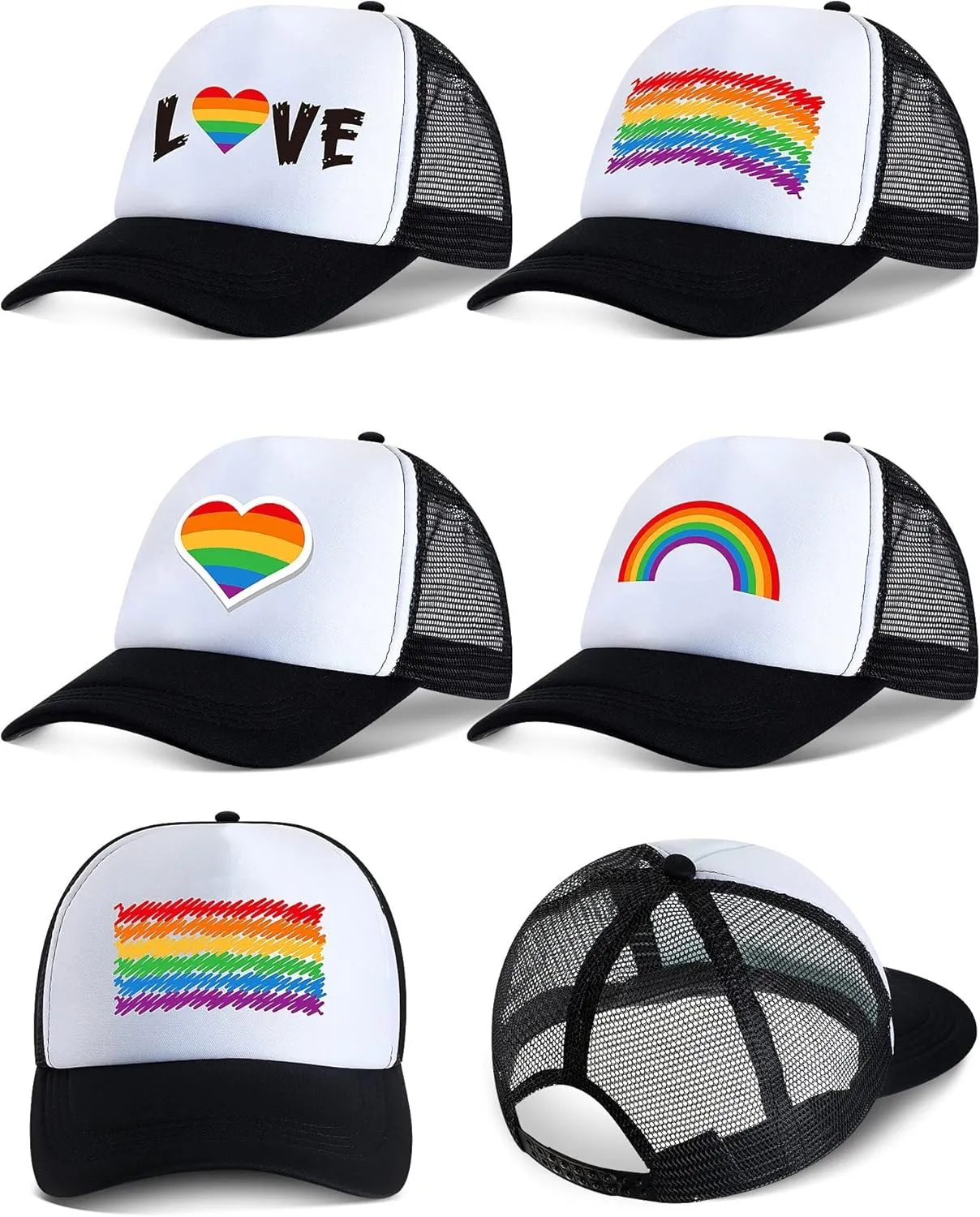 Jeyiour 4 Pcs Pride Trucker Hat Baseball LGBT Rainbow Hats for Men Women Rainbow Caps Lesbian Gay Mesh Cap for LGBTQ Gifts Golf Accessories