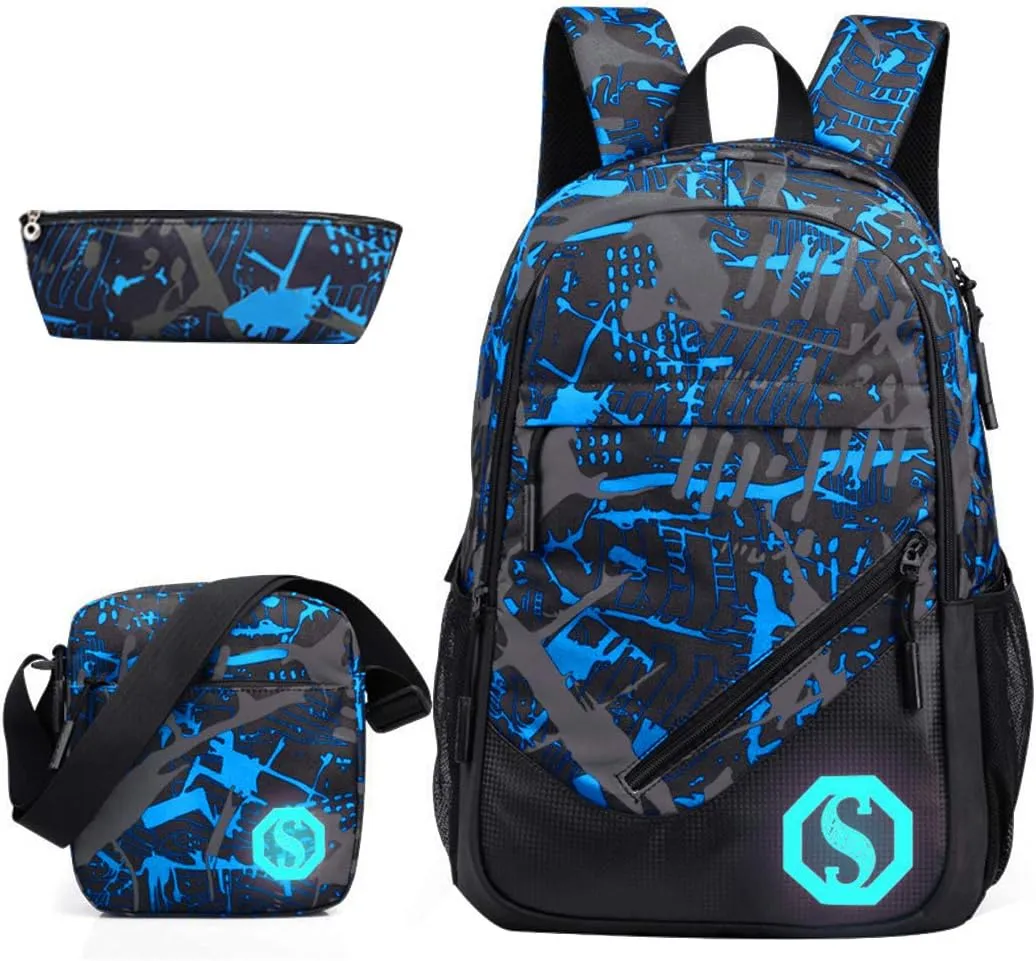 JiaYou Teenage Boy Girl Unisex 20L Multifunctional School Bag Backpack Set with Florescent Mark