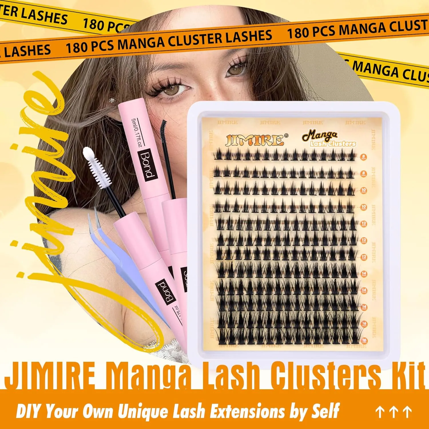 JIMIRE Natural Lash Clusters Kit Lash Extension Kit with Lash Bond and Seal 180Pcs Anime Eyelash Clusters D Curl Wispy Manga Lash Clusters 8-16MM Cluster Eyelash Extensions Kit Individual Lashes Pack
