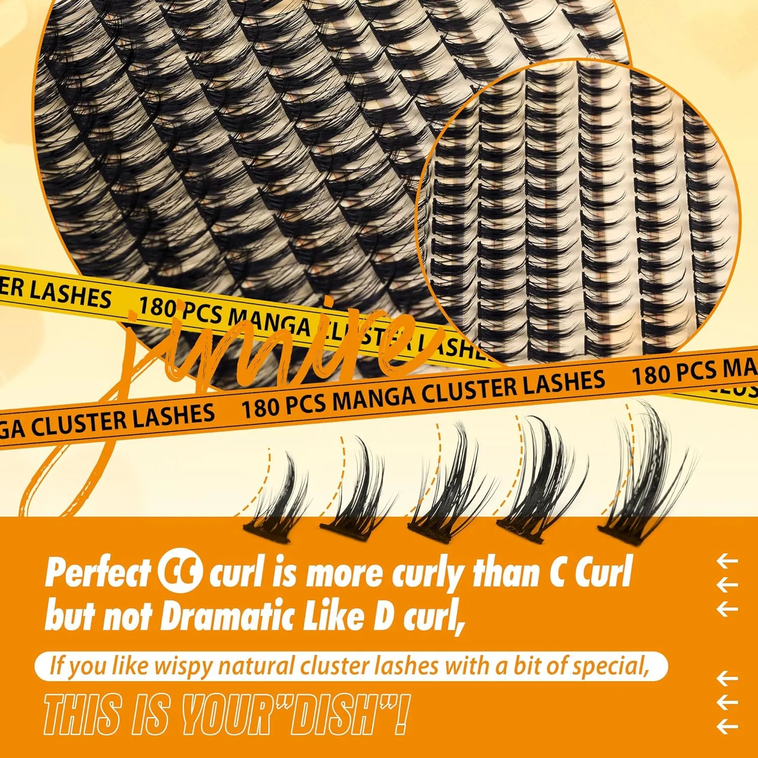 JIMIRE Natural Lash Clusters Kit Lash Extension Kit with Lash Bond and Seal 180Pcs Anime Eyelash Clusters D Curl Wispy Manga Lash Clusters 8-16MM Cluster Eyelash Extensions Kit Individual Lashes Pack