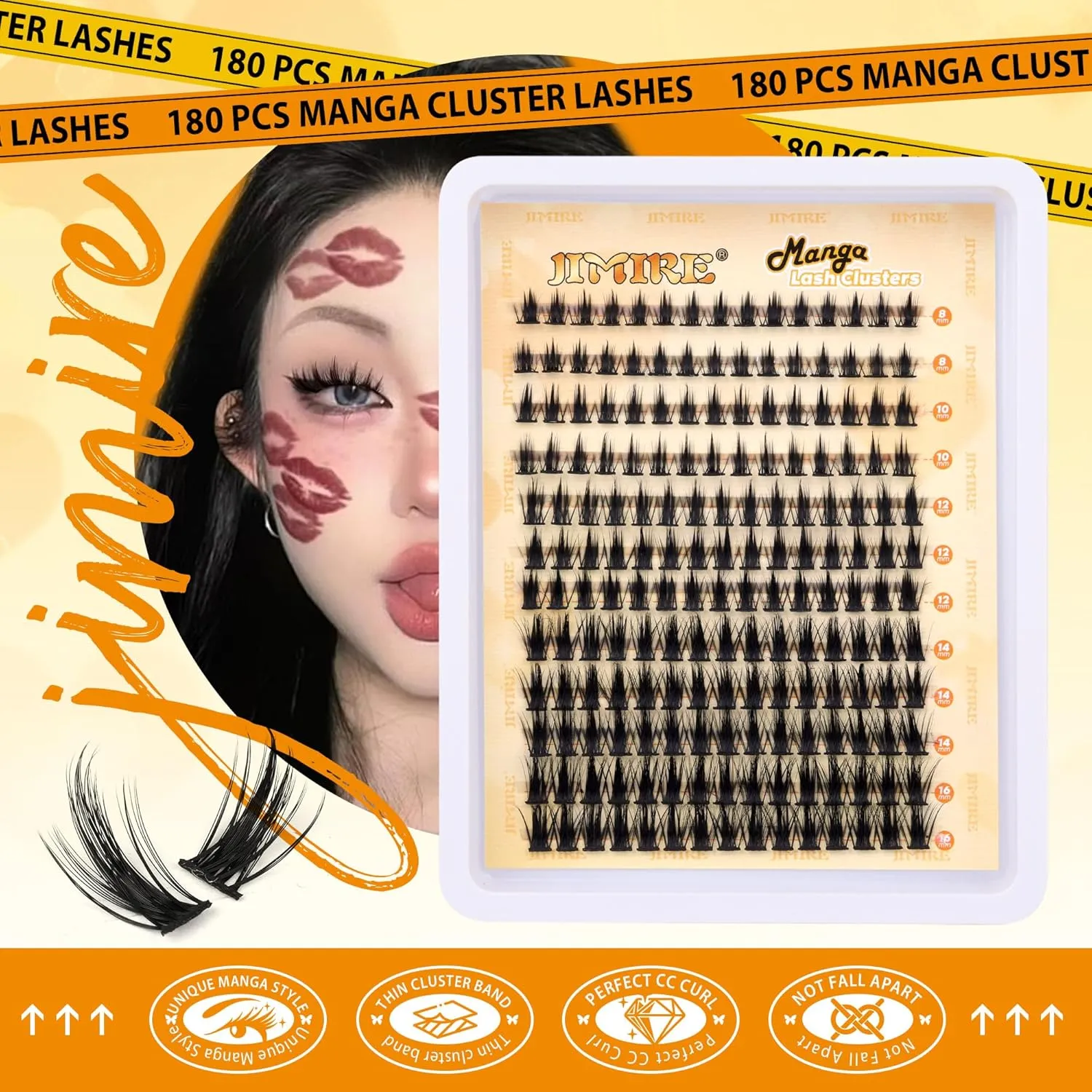 JIMIRE Natural Lash Clusters Kit Lash Extension Kit with Lash Bond and Seal 180Pcs Anime Eyelash Clusters D Curl Wispy Manga Lash Clusters 8-16MM Cluster Eyelash Extensions Kit Individual Lashes Pack
