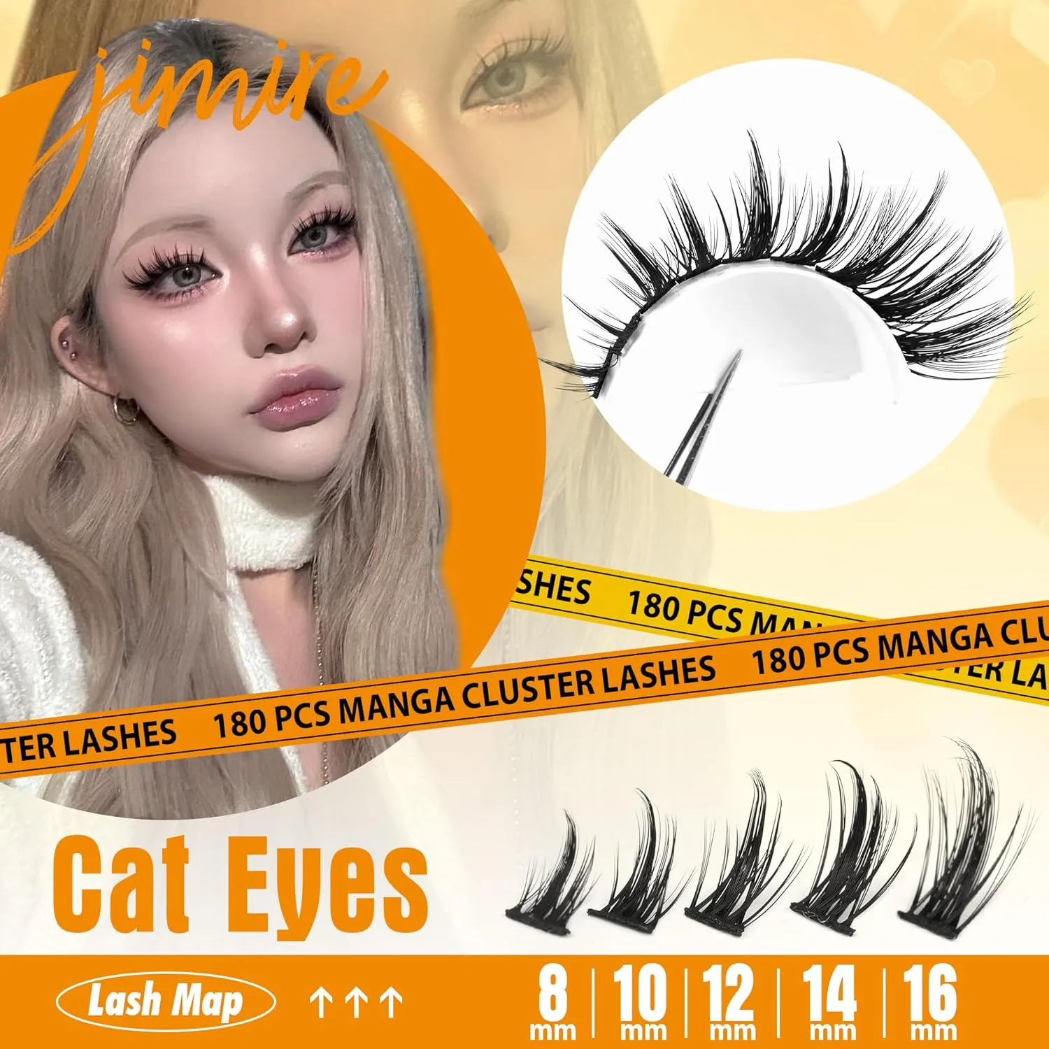 JIMIRE Natural Lash Clusters Kit Lash Extension Kit with Lash Bond and Seal 180Pcs Anime Eyelash Clusters D Curl Wispy Manga Lash Clusters 8-16MM Cluster Eyelash Extensions Kit Individual Lashes Pack