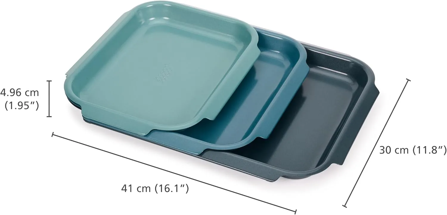 Joseph Joseph Nest™ Bake 3-Piece Non-Stick Baking Sheet Pan Set, Carbon Steel, Easy-Pull Handles, Stackable, Space-Saving Design, 10-Year Guarantee