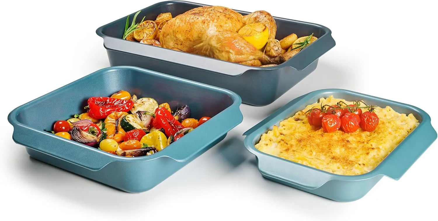 Joseph Joseph Nest Bakeware and Roasting Pan Set of 3, Stackable Oven Trays, Carbon Steel Baking Pans with Non-Stick Coating, Easy-Pull Handles, Organized Kitchen Storage
