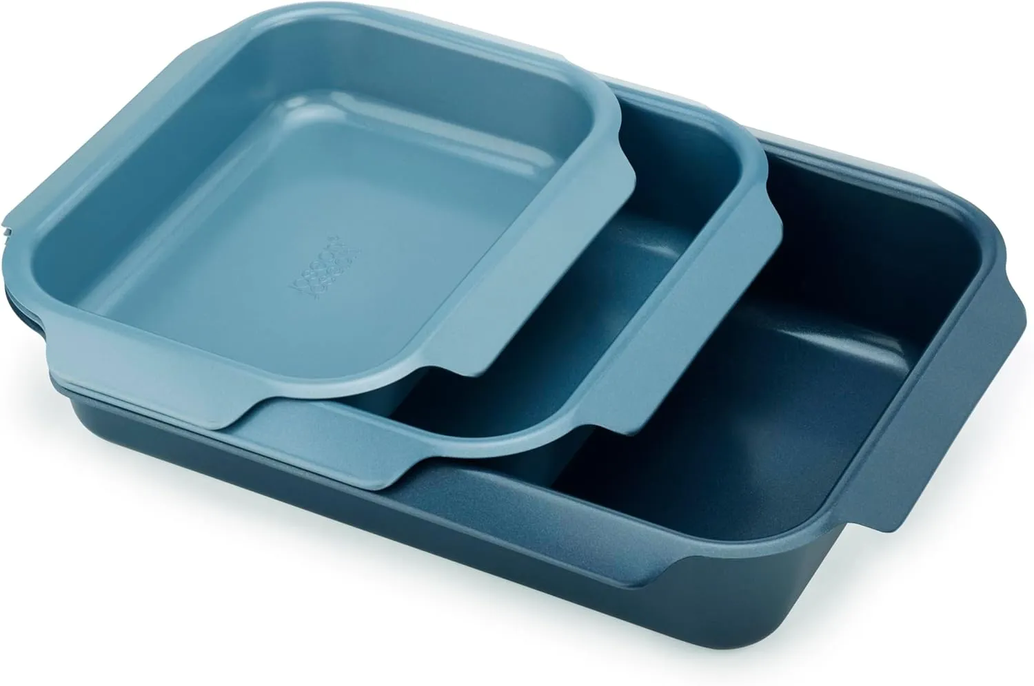 Joseph Joseph Nest Bakeware and Roasting Pan Set of 3, Stackable Oven Trays, Carbon Steel Baking Pans with Non-Stick Coating, Easy-Pull Handles, Organized Kitchen Storage