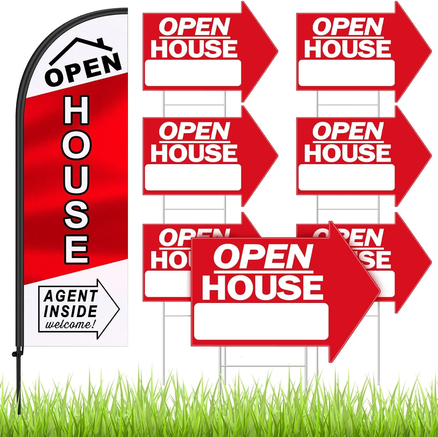 Juexica 8 Pcs Open House Signs for Real Estate with Pole Kit 7 Pcs 24 x 18 Inch Open House Red Arrow Yard Signs Double Sided Swooper Banners Feather Flag for Outside