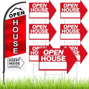 Juexica 8 Pcs Open House Signs for Real Estate with Pole Kit 7 Pcs 24 x 18 Inch Open House Red Arrow Yard Signs Double Sided Swooper Banners Feather Flag for Outside