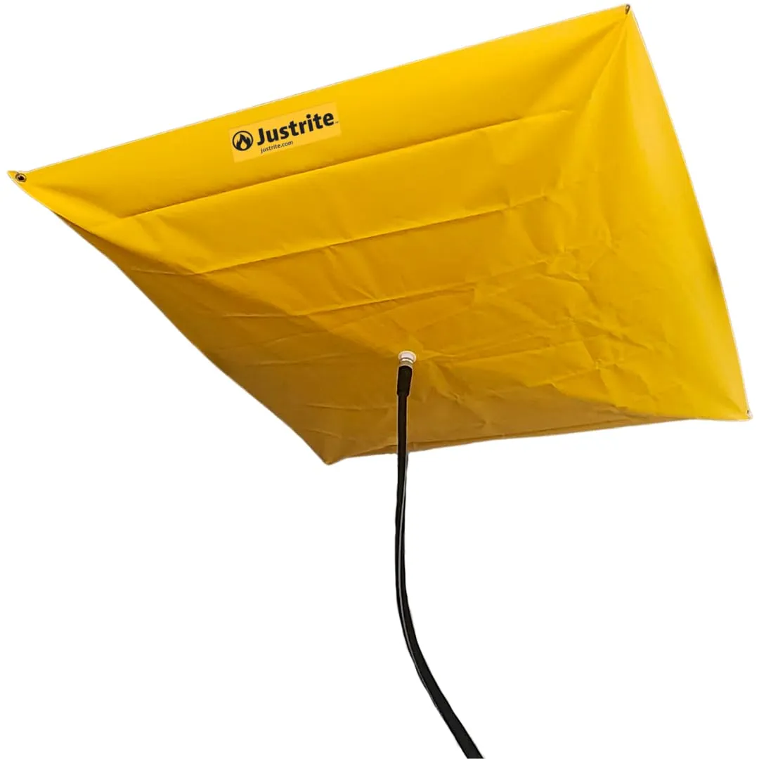 Justrite Ceiling Leak Diverter Tarp with Hose Connection and Corner Grommets, 5' x 5' Puncture-Resistant and Watertight PVC-Coated Fabric, for Temporary Leak Fix, Made in The USA, Yellow, 28300
