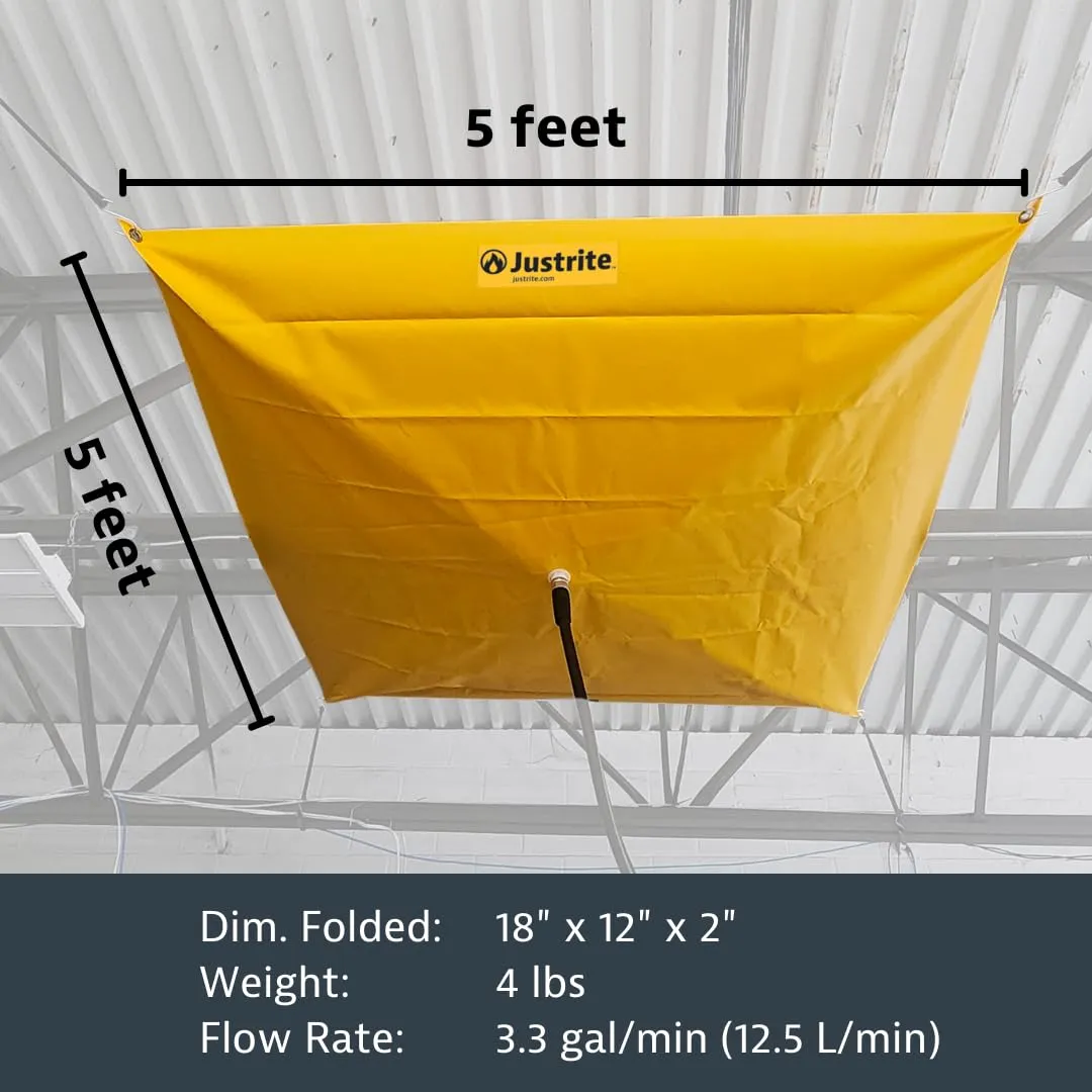 Justrite Ceiling Leak Diverter Tarp with Hose Connection and Corner Grommets, 5' x 5' Puncture-Resistant and Watertight PVC-Coated Fabric, for Temporary Leak Fix, Made in The USA, Yellow, 28300
