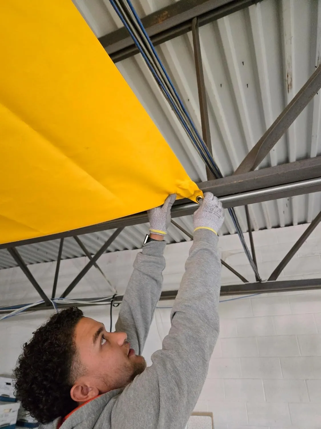 Justrite Ceiling Leak Diverter Tarp with Hose Connection and Corner Grommets, 5' x 5' Puncture-Resistant and Watertight PVC-Coated Fabric, for Temporary Leak Fix, Made in The USA, Yellow, 28300