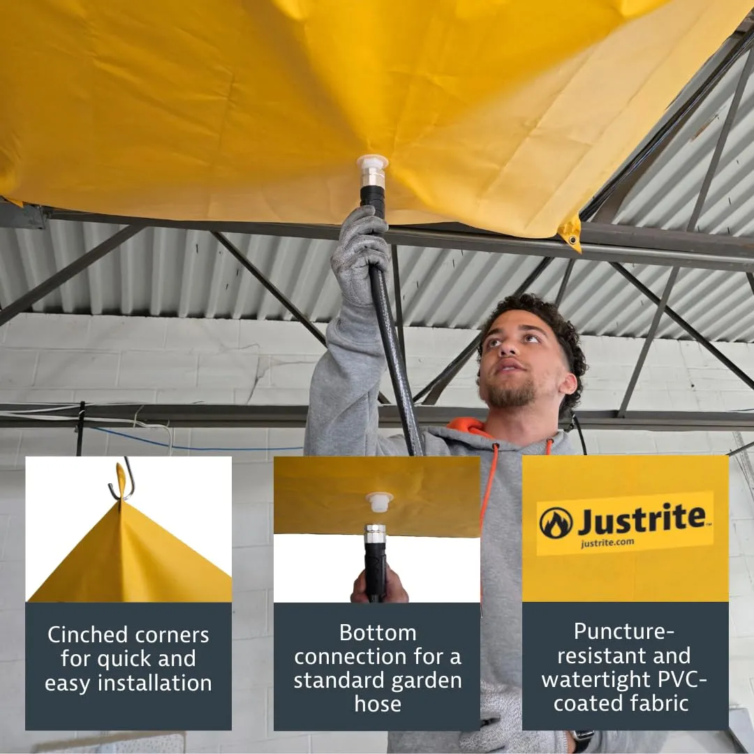 Justrite Ceiling Leak Diverter Tarp with Hose Connection and Corner Grommets, 5' x 5' Puncture-Resistant and Watertight PVC-Coated Fabric, for Temporary Leak Fix, Made in The USA, Yellow, 28300