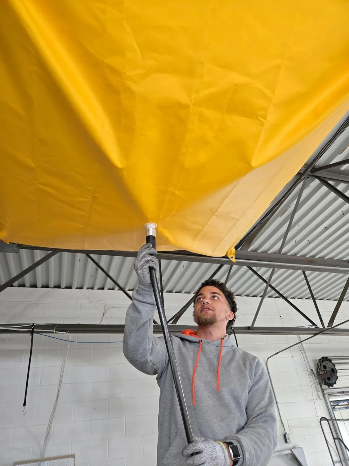 Justrite Ceiling Leak Diverter Tarp with Hose Connection and Corner Grommets, 5' x 5' Puncture-Resistant and Watertight PVC-Coated Fabric, for Temporary Leak Fix, Made in The USA, Yellow, 28300