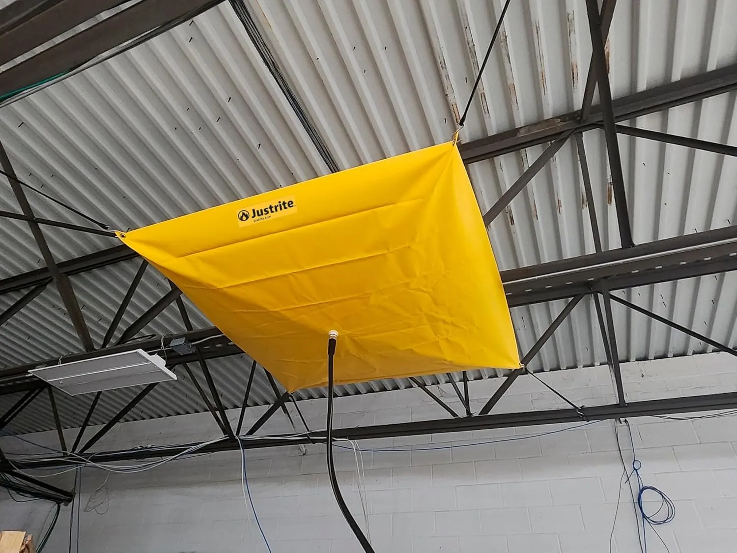 Justrite Ceiling Leak Diverter Tarp with Hose Connection and Corner Grommets, 5' x 5' Puncture-Resistant and Watertight PVC-Coated Fabric, for Temporary Leak Fix, Made in The USA, Yellow, 28300