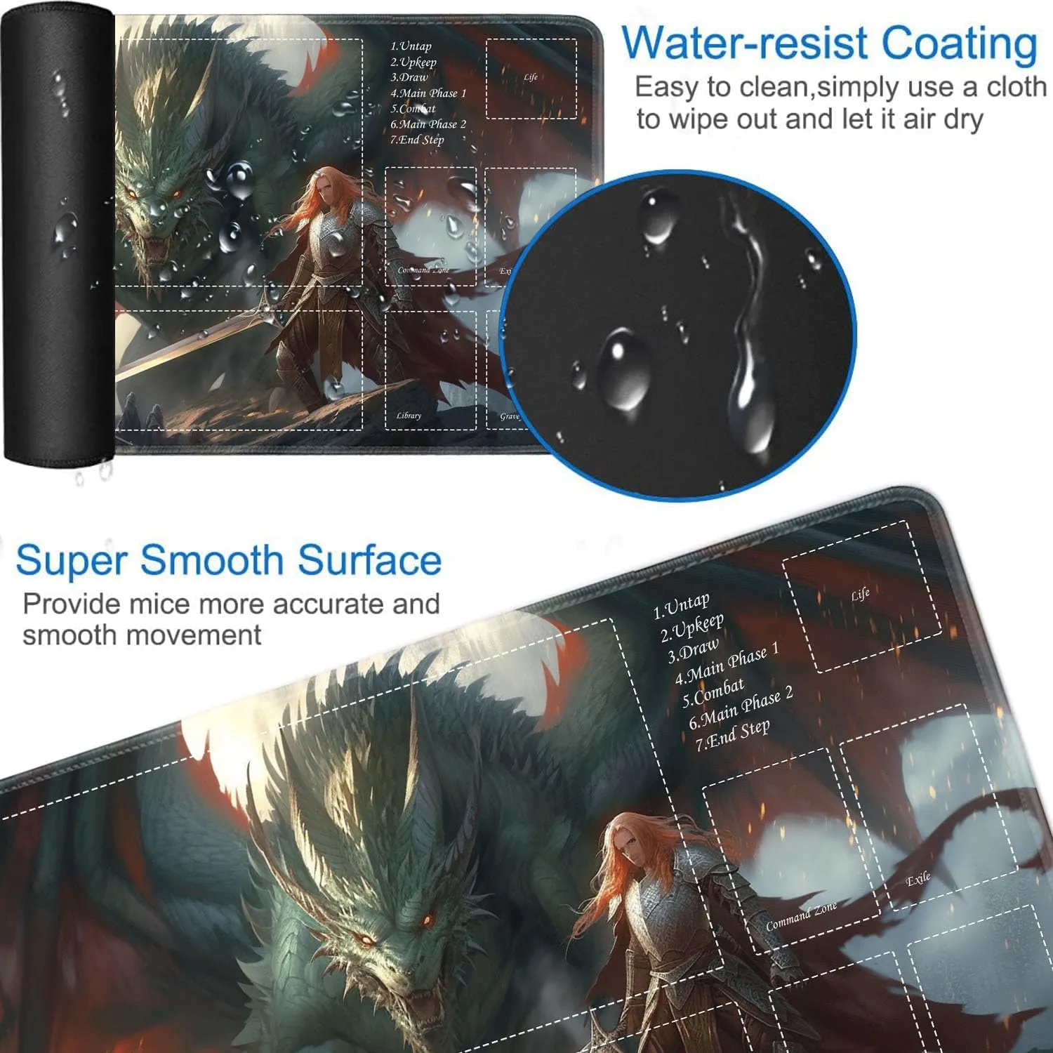 JVGFYNKL for TCG Playmat, Playmat with Zones, 24x14 in Non-Slip Rubber for MTG Playmat with Drawstring Travel Pouch and 6 Dice, Dragon's 2 for MTG Mat, Card Game Playmats