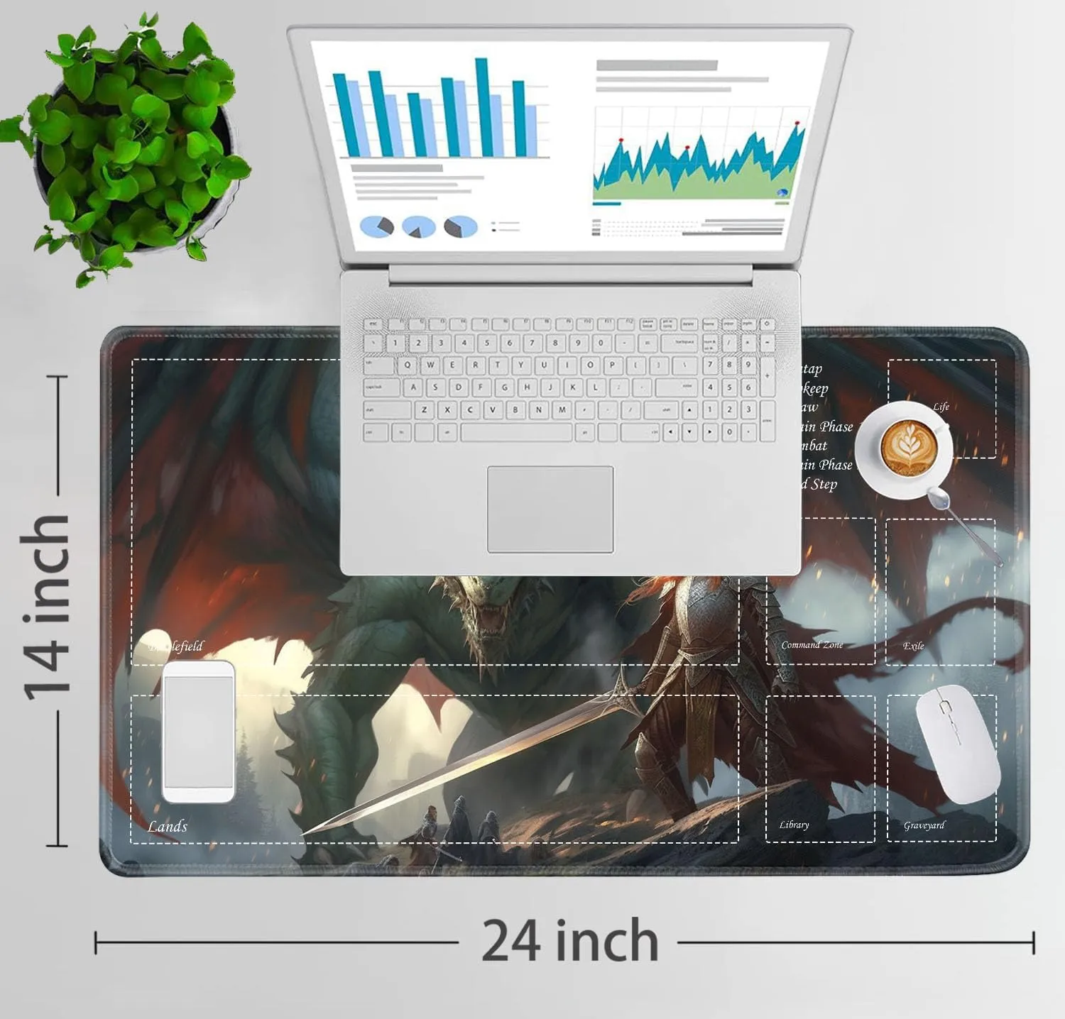 JVGFYNKL for TCG Playmat, Playmat with Zones, 24x14 in Non-Slip Rubber for MTG Playmat with Drawstring Travel Pouch and 6 Dice, Dragon's 2 for MTG Mat, Card Game Playmats