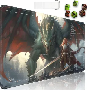 JVGFYNKL for TCG Playmat, Playmat with Zones, 24x14 in Non-Slip Rubber for MTG Playmat with Drawstring Travel Pouch and 6 Dice, Dragon's 2 for MTG Mat, Card Game Playmats