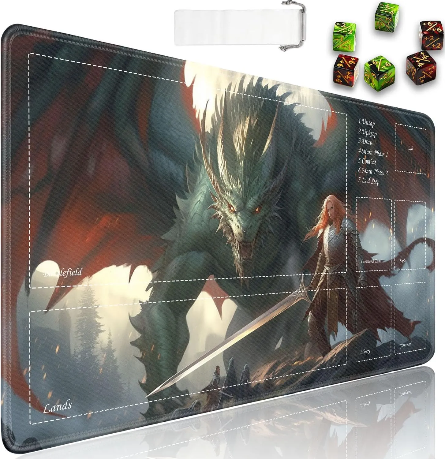 JVGFYNKL for TCG Playmat, Playmat with Zones, 24x14 in Non-Slip Rubber for MTG Playmat with Drawstring Travel Pouch and 6 Dice, Dragon's 2 for MTG Mat, Card Game Playmats
