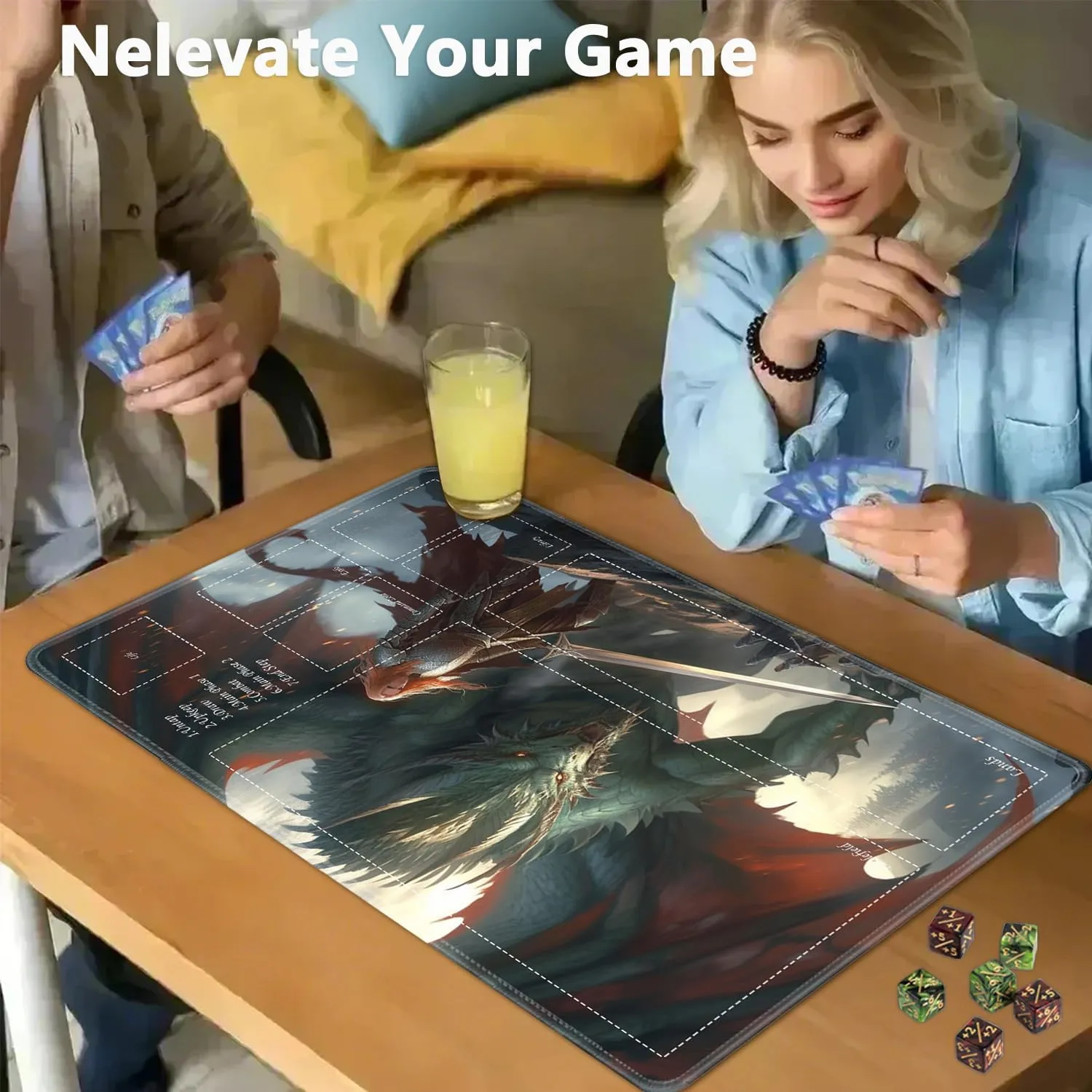 JVGFYNKL for TCG Playmat, Playmat with Zones, 24x14 in Non-Slip Rubber for MTG Playmat with Drawstring Travel Pouch and 6 Dice, Dragon's 2 for MTG Mat, Card Game Playmats