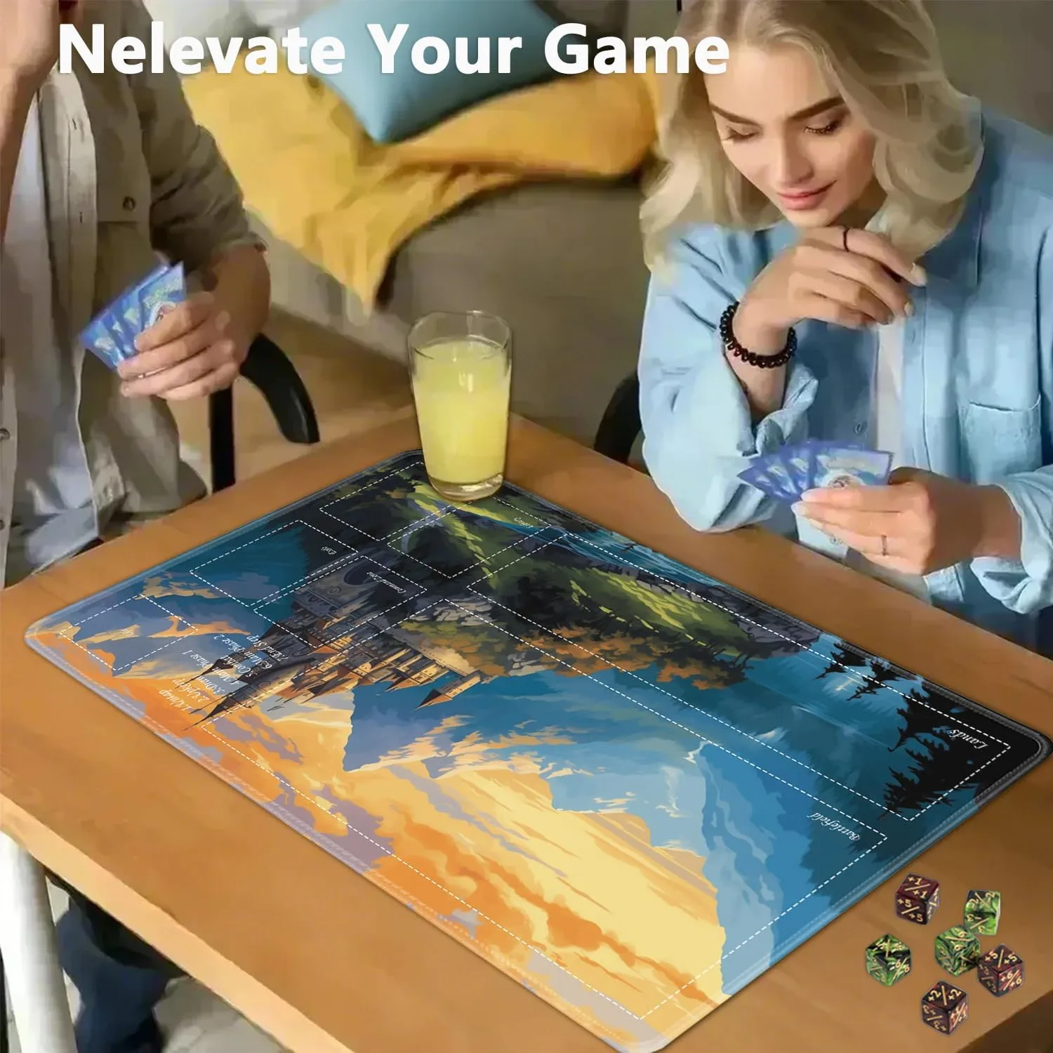 JVGFYNKL for TCG Playmat, Playmat with Zones, 24x14 in Non-Slip Rubber for MTG Playmat with Drawstring Travel Pouch and 6 Dice, Fairytale Castle for MTG Mat, Card Game Playmats