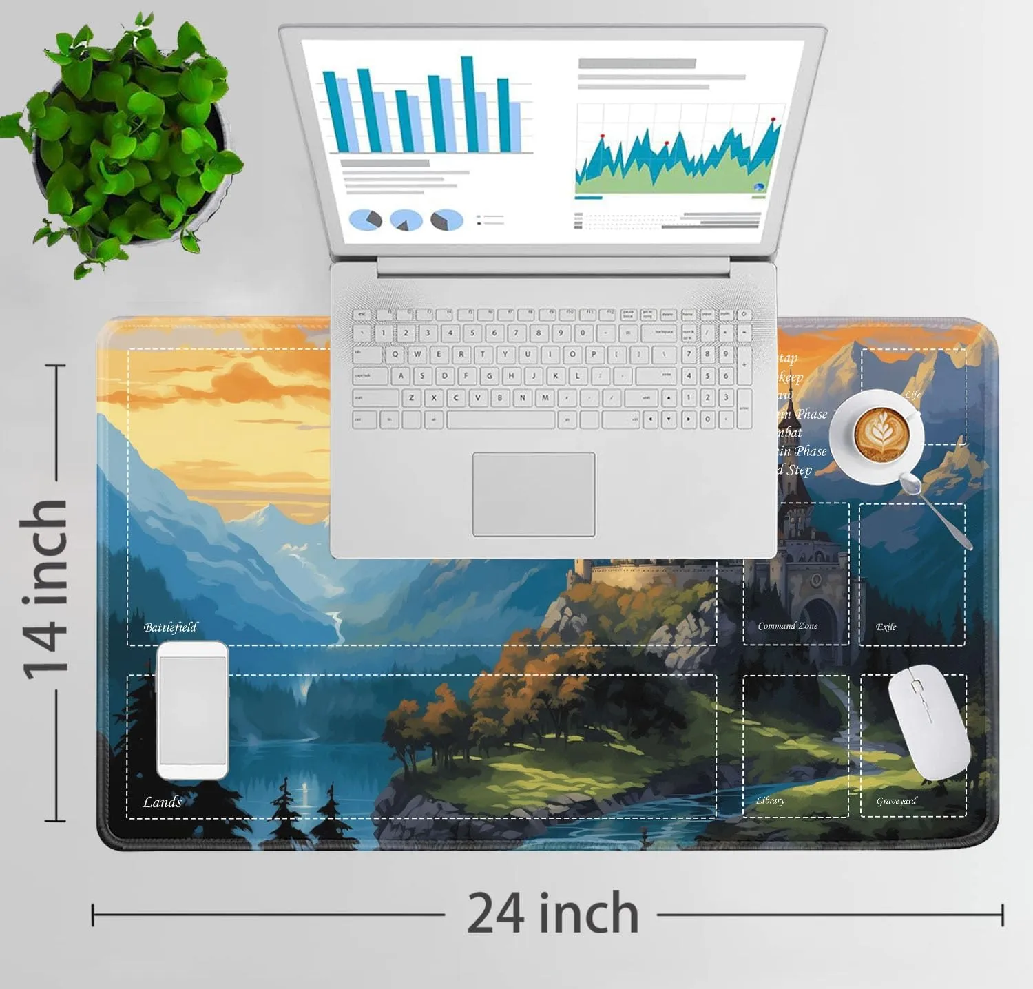 JVGFYNKL for TCG Playmat, Playmat with Zones, 24x14 in Non-Slip Rubber for MTG Playmat with Drawstring Travel Pouch and 6 Dice, Fairytale Castle for MTG Mat, Card Game Playmats