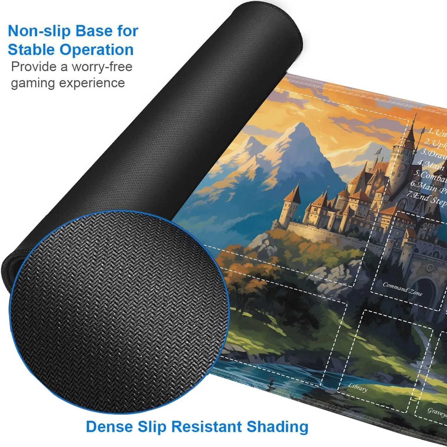 JVGFYNKL for TCG Playmat, Playmat with Zones, 24x14 in Non-Slip Rubber for MTG Playmat with Drawstring Travel Pouch and 6 Dice, Fairytale Castle for MTG Mat, Card Game Playmats