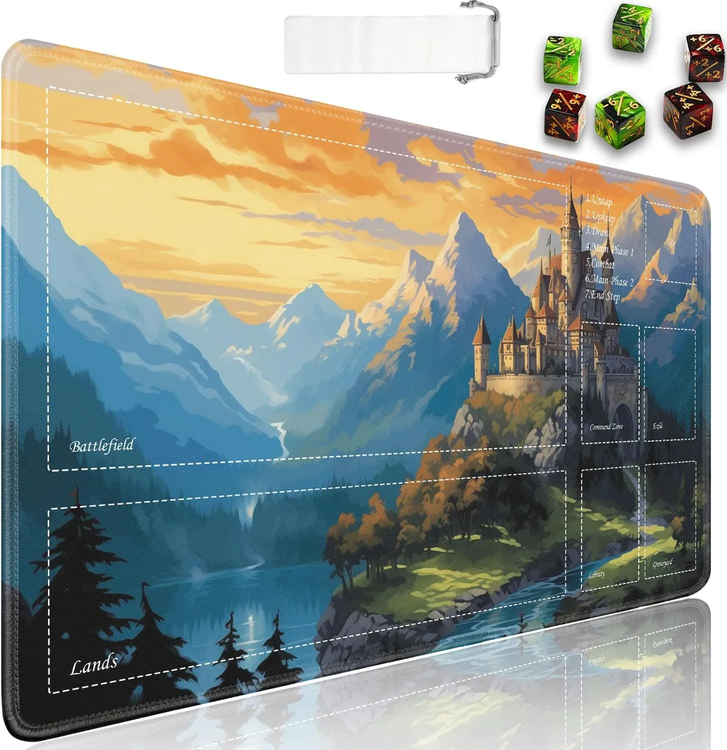 JVGFYNKL for TCG Playmat, Playmat with Zones, 24x14 in Non-Slip Rubber for MTG Playmat with Drawstring Travel Pouch and 6 Dice, Fairytale Castle for MTG Mat, Card Game Playmats