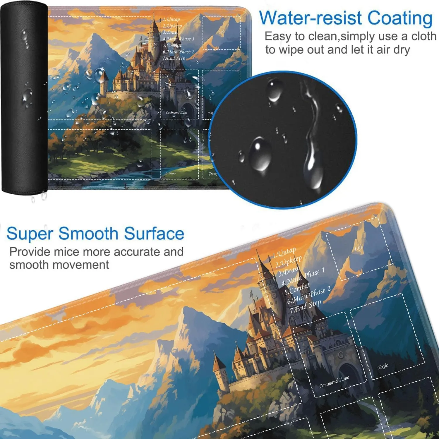 JVGFYNKL for TCG Playmat, Playmat with Zones, 24x14 in Non-Slip Rubber for MTG Playmat with Drawstring Travel Pouch and 6 Dice, Fairytale Castle for MTG Mat, Card Game Playmats