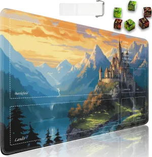 JVGFYNKL for TCG Playmat, Playmat with Zones, 24x14 in Non-Slip Rubber for MTG Playmat with Drawstring Travel Pouch and 6 Dice, Fairytale Castle for MTG Mat, Card Game Playmats