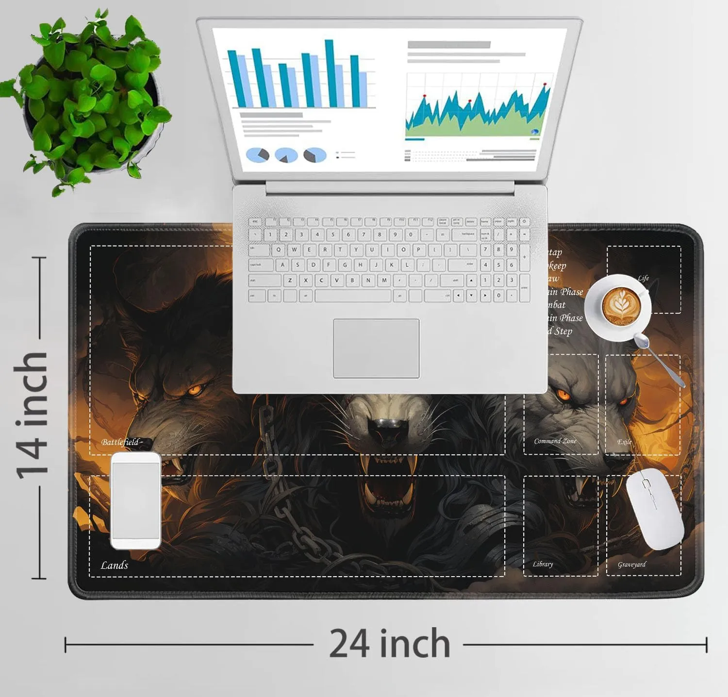 JVGFYNKL for TCG Playmat, Playmat with Zones, 24x14 in Non-Slip Rubber for MTG Playmat with Drawstring Travel Pouch and 6 Dice, Ferocious Wolf for MTG Mat, Card Game Playmats