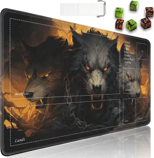 JVGFYNKL for TCG Playmat, Playmat with Zones, 24x14 in Non-Slip Rubber for MTG Playmat with Drawstring Travel Pouch and 6 Dice, Ferocious Wolf for MTG Mat, Card Game Playmats