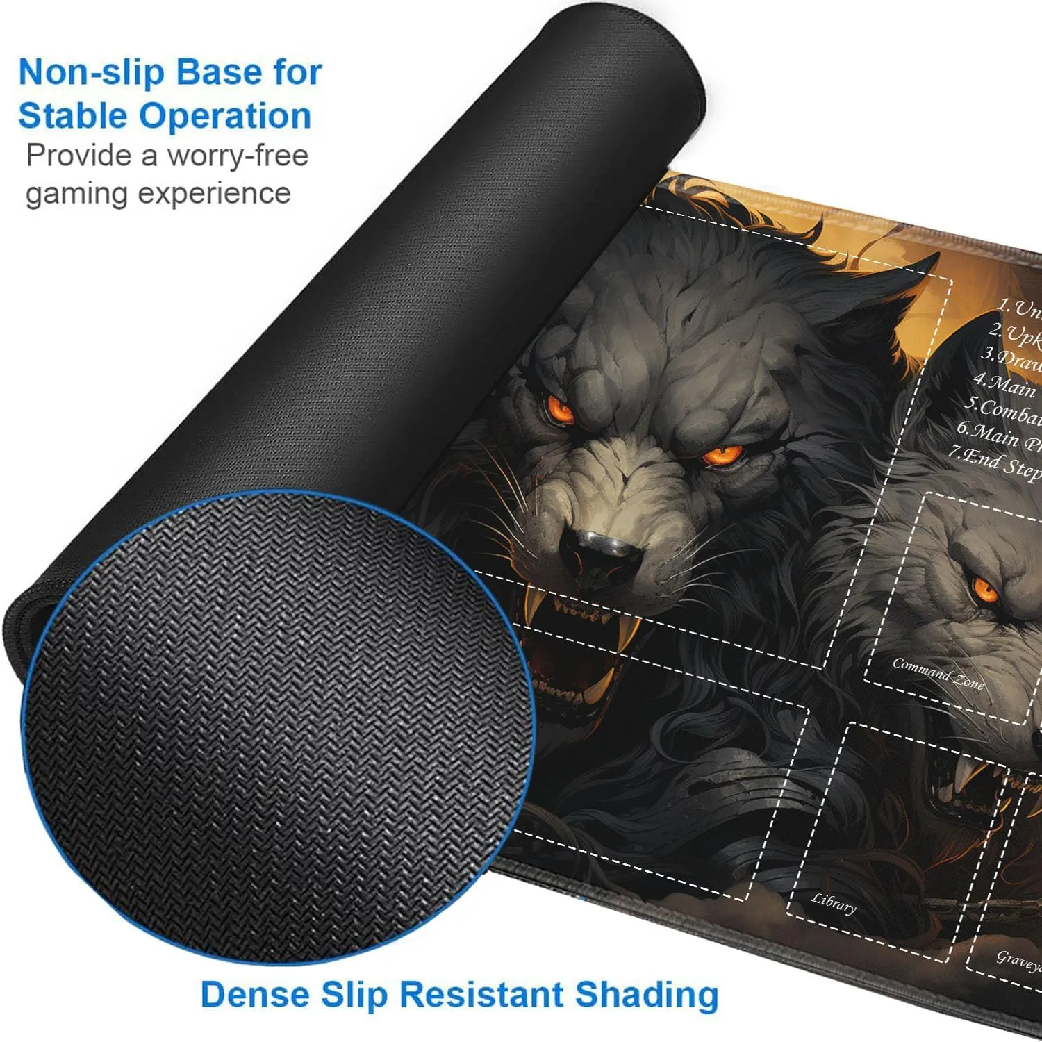 JVGFYNKL for TCG Playmat, Playmat with Zones, 24x14 in Non-Slip Rubber for MTG Playmat with Drawstring Travel Pouch and 6 Dice, Ferocious Wolf for MTG Mat, Card Game Playmats