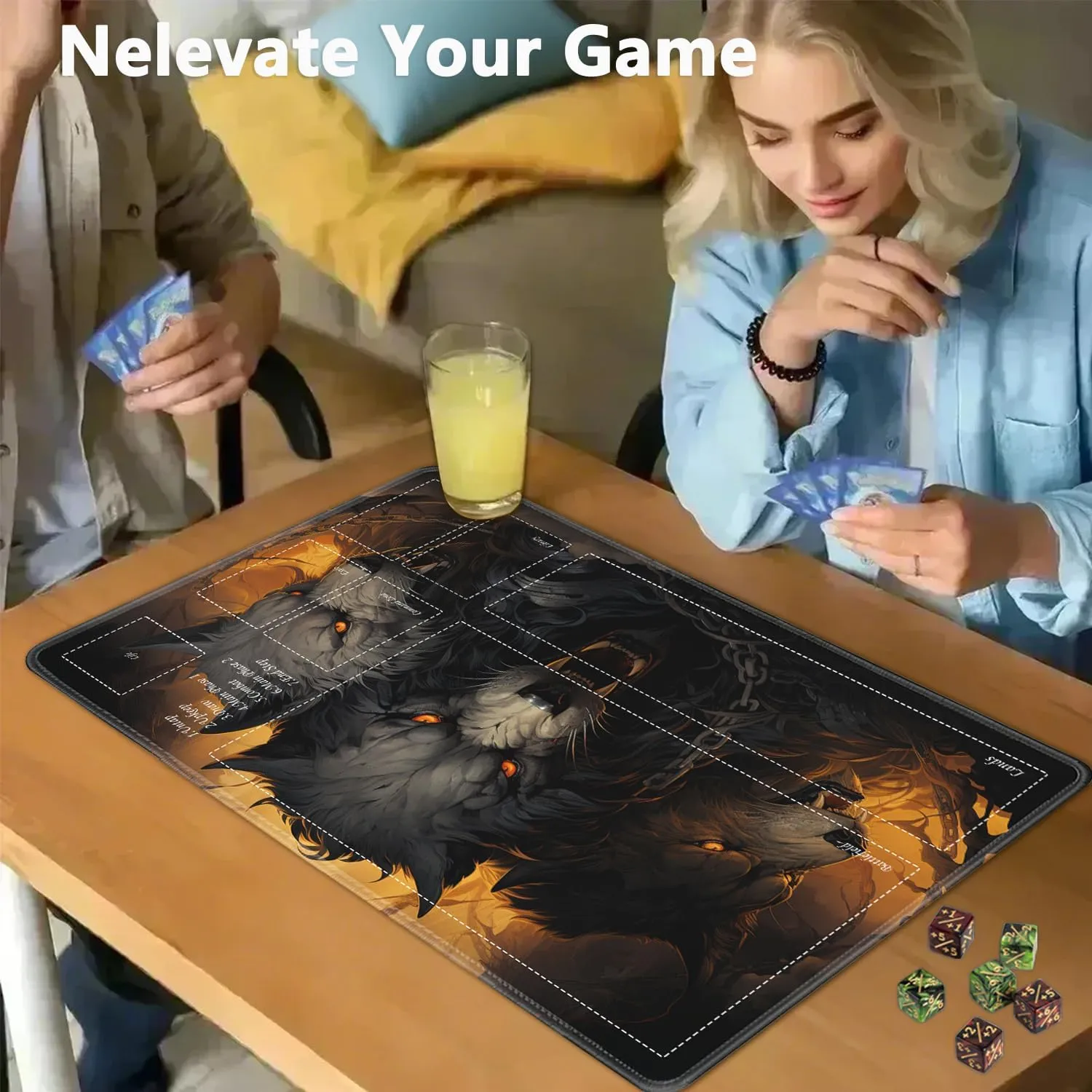 JVGFYNKL for TCG Playmat, Playmat with Zones, 24x14 in Non-Slip Rubber for MTG Playmat with Drawstring Travel Pouch and 6 Dice, Ferocious Wolf for MTG Mat, Card Game Playmats