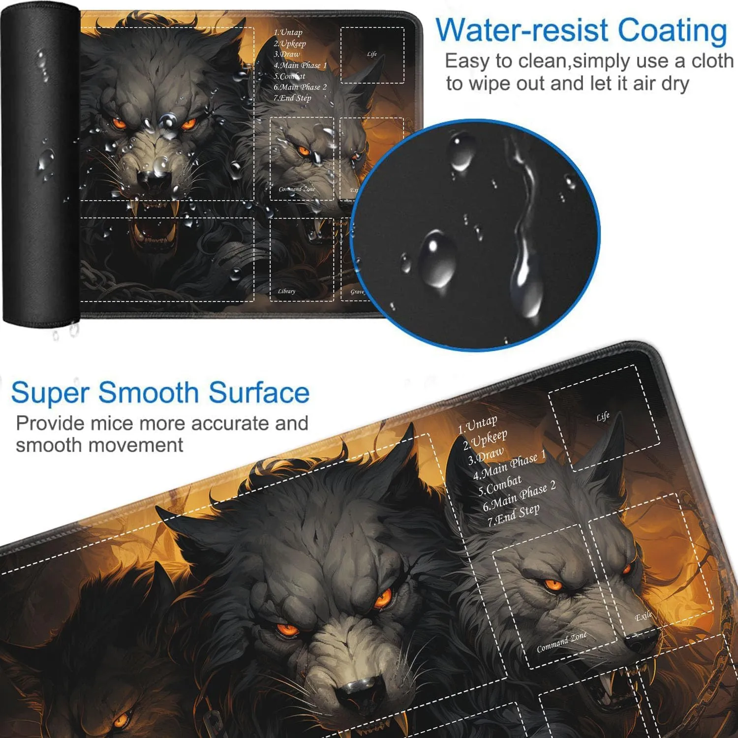 JVGFYNKL for TCG Playmat, Playmat with Zones, 24x14 in Non-Slip Rubber for MTG Playmat with Drawstring Travel Pouch and 6 Dice, Ferocious Wolf for MTG Mat, Card Game Playmats
