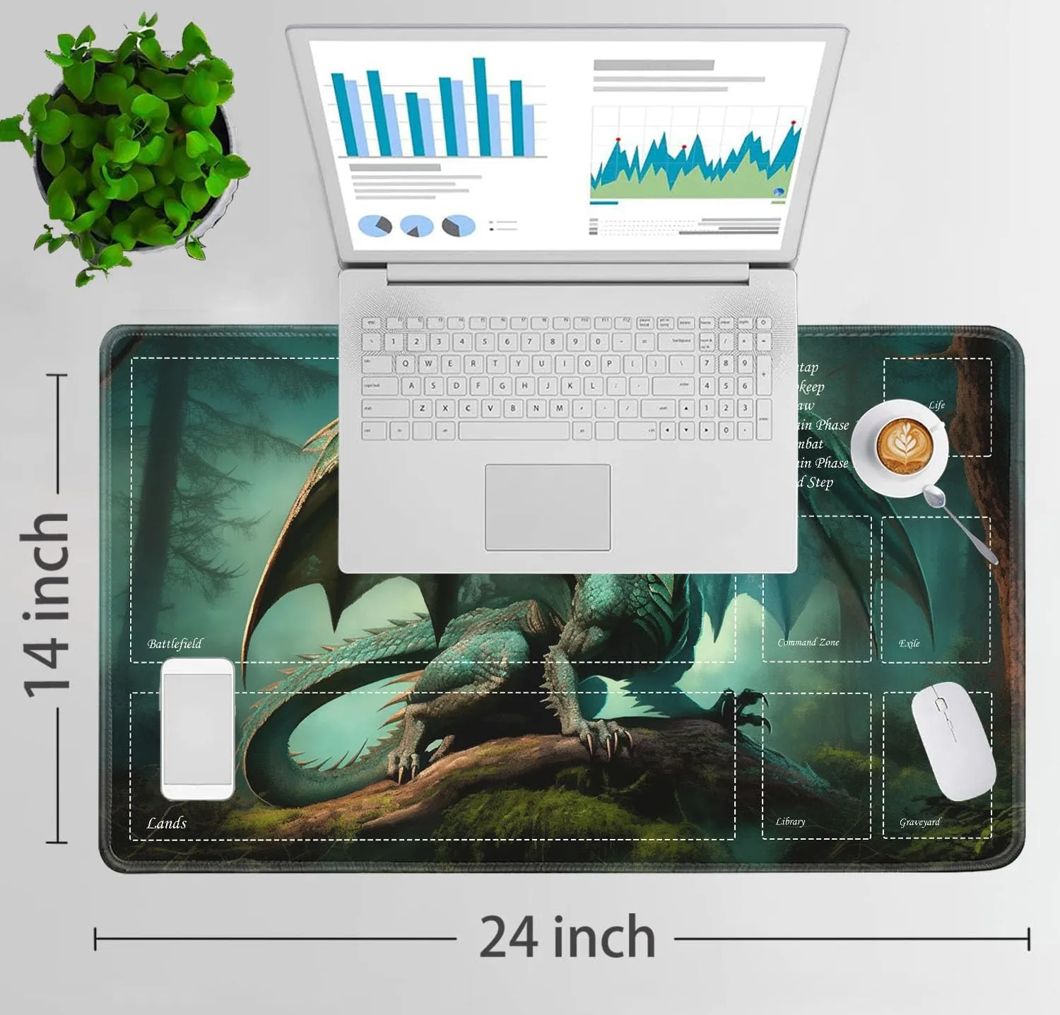JVGFYNKL for TCG Playmat, Playmat with Zones, 24x14 in Non-Slip Rubber for MTG Playmat with Drawstring Travel Pouch and 6 Dice, Forest Green Dragon for MTG Mat, Card Game Playmats