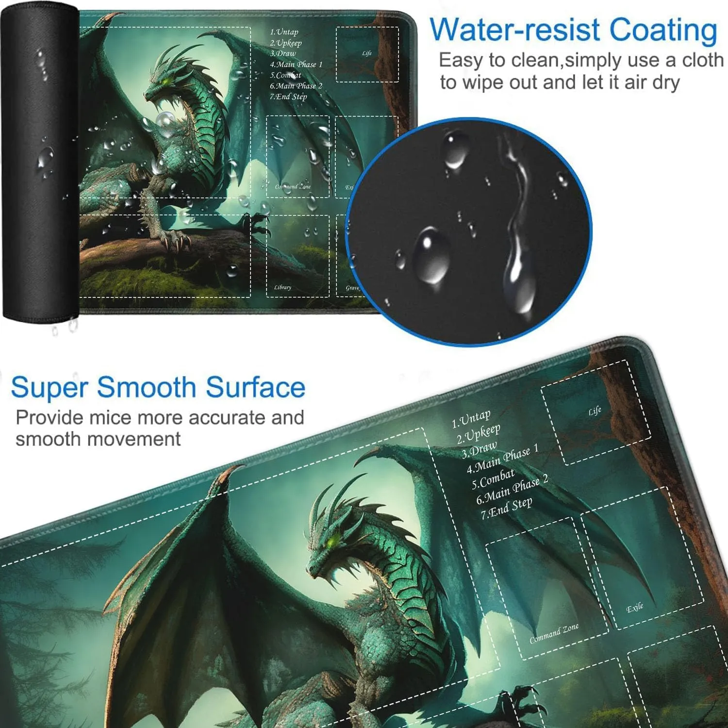 JVGFYNKL for TCG Playmat, Playmat with Zones, 24x14 in Non-Slip Rubber for MTG Playmat with Drawstring Travel Pouch and 6 Dice, Forest Green Dragon for MTG Mat, Card Game Playmats
