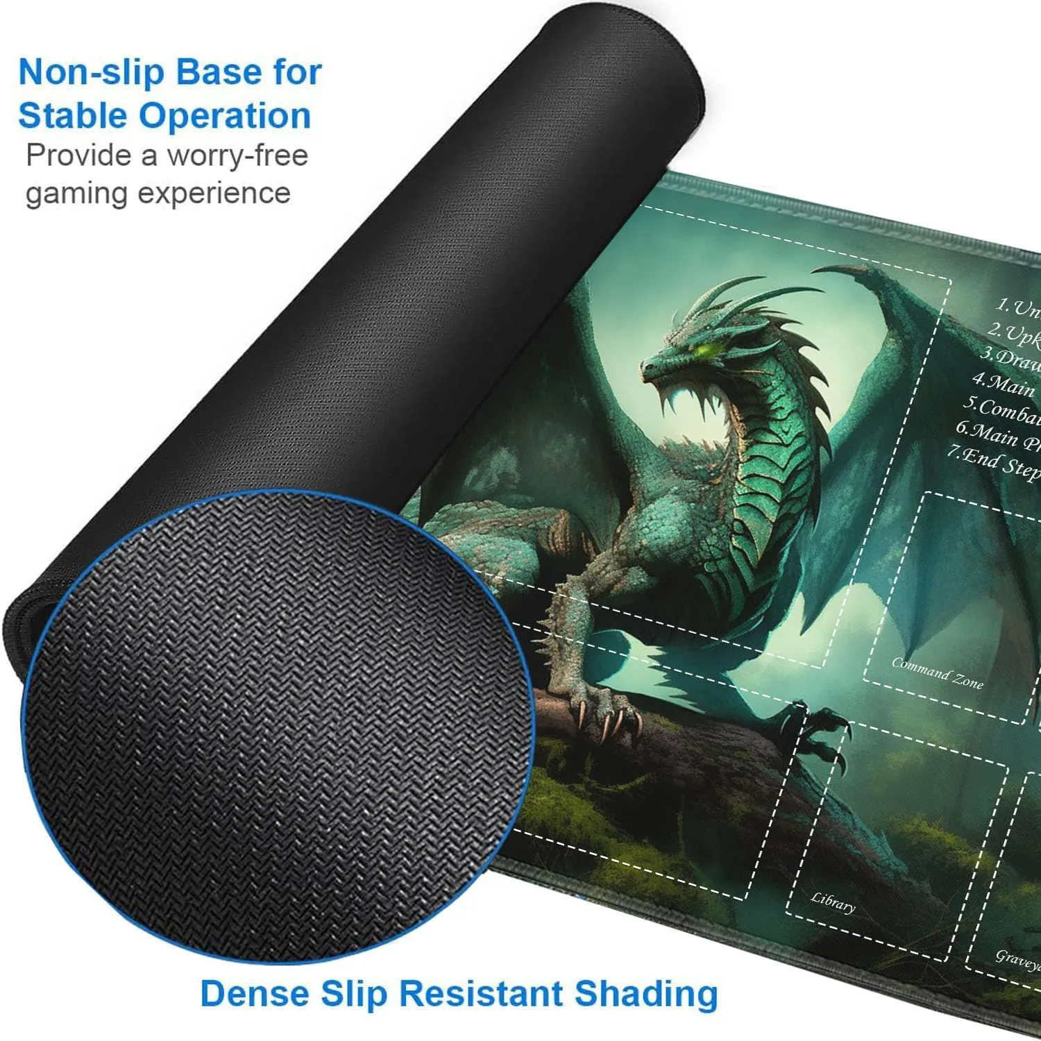 JVGFYNKL for TCG Playmat, Playmat with Zones, 24x14 in Non-Slip Rubber for MTG Playmat with Drawstring Travel Pouch and 6 Dice, Forest Green Dragon for MTG Mat, Card Game Playmats