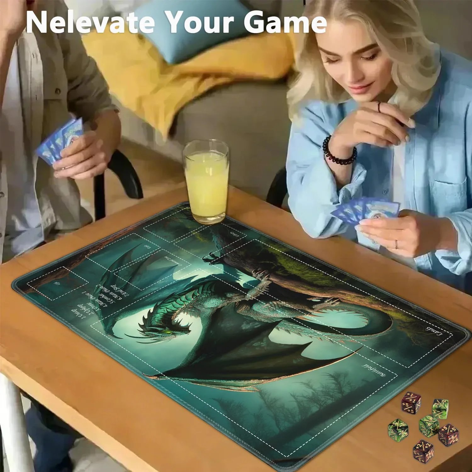 JVGFYNKL for TCG Playmat, Playmat with Zones, 24x14 in Non-Slip Rubber for MTG Playmat with Drawstring Travel Pouch and 6 Dice, Forest Green Dragon for MTG Mat, Card Game Playmats
